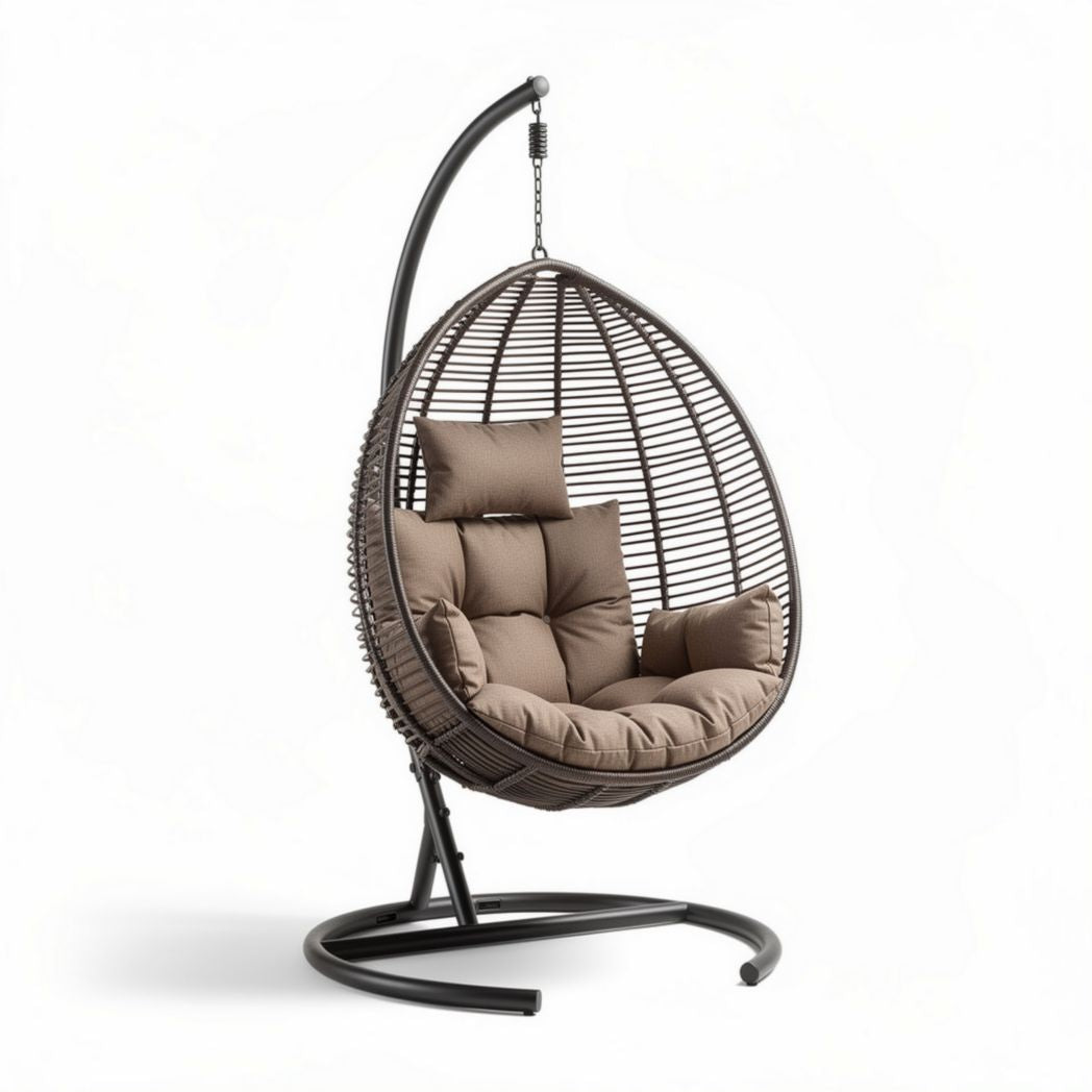 Hanging egg chair with cushion in brown wicker and metal frame 90 x 70 x 130cm