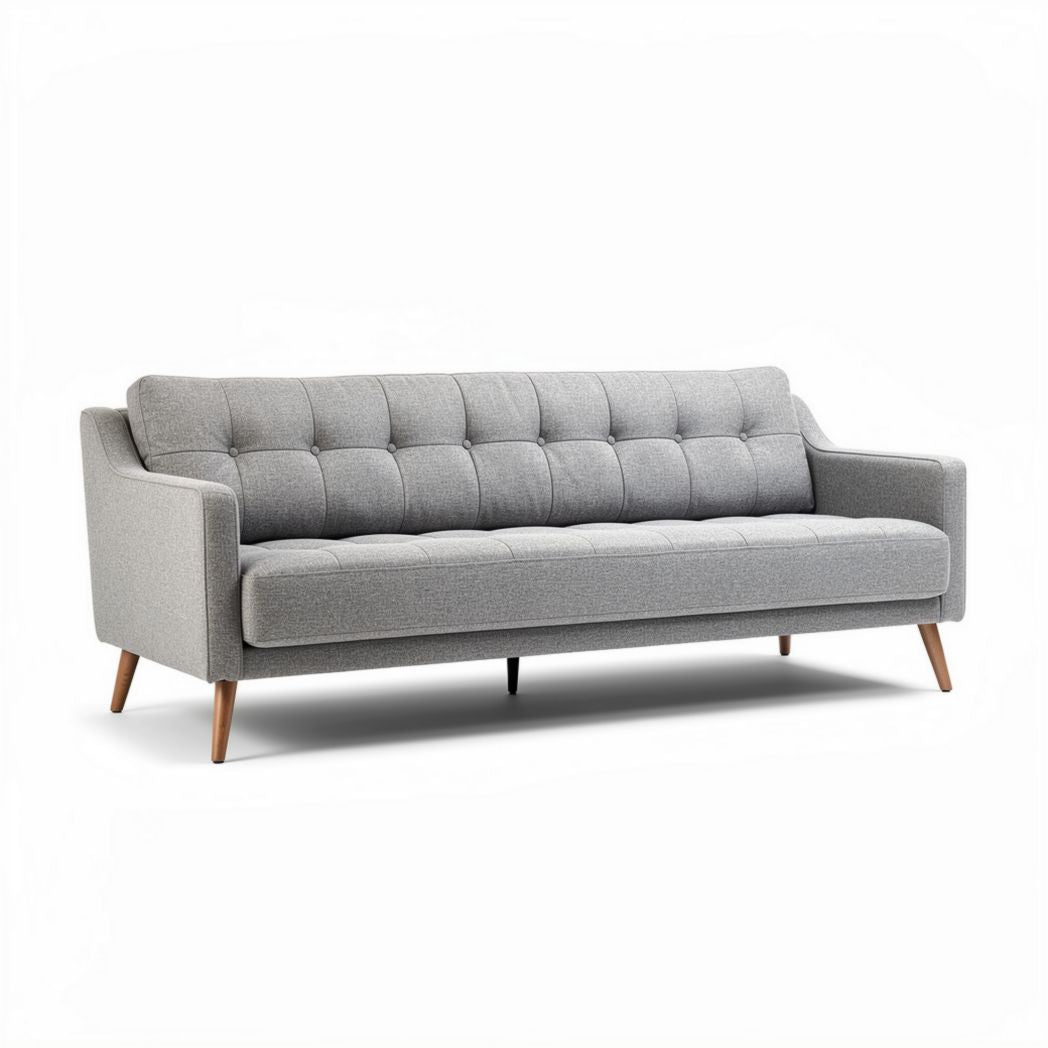 Mid-century modern sofa in gray fabric with wooden legs 200 x 85 x 75cm