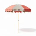 Beach umbrella with wooden pole and scalloped edge design in coral and cream 200 x 200 x 250cm