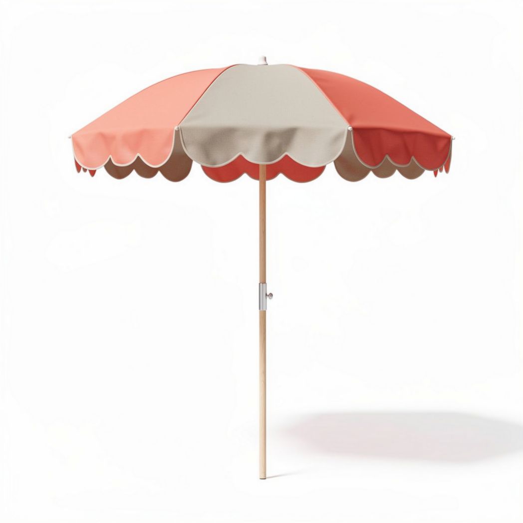 Beach umbrella with wooden pole and scalloped edge design in coral and cream 200 x 200 x 250cm