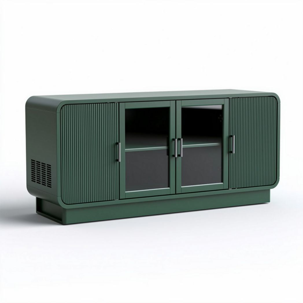 Green metal media console cabinet with glass doors and storage space 150 x 40 x 60cm