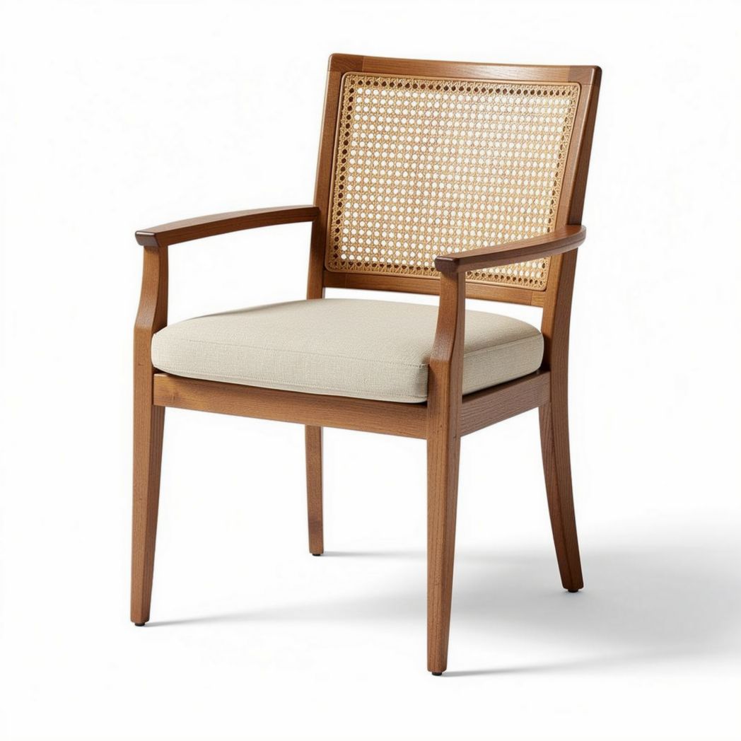 Wood frame dining chair with caned backrest and soft upholstery 60 x 55 x 85cm