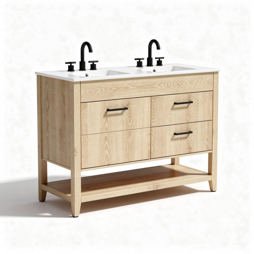 Double sink bathroom vanity with wooden finish and black faucet hardware 90 x 50 x 85cm