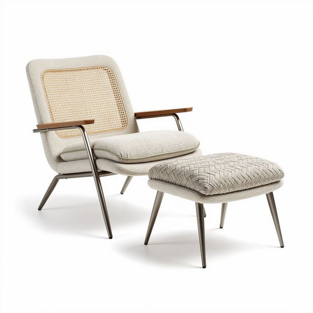 Cane accent chair with ottoman in beige fabric and metal frame 80 x 75 x 90cm
