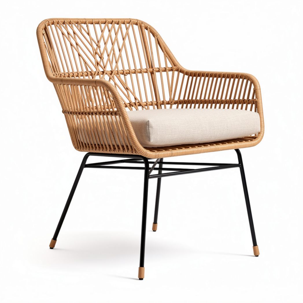 Woven rattan accent chair with steel frame and plush beige cushion