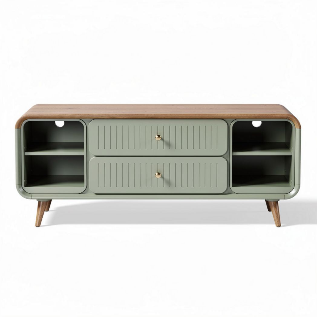 Modern wooden TV stand in green and brown with storage dimensions 150 x 40 x 60cm