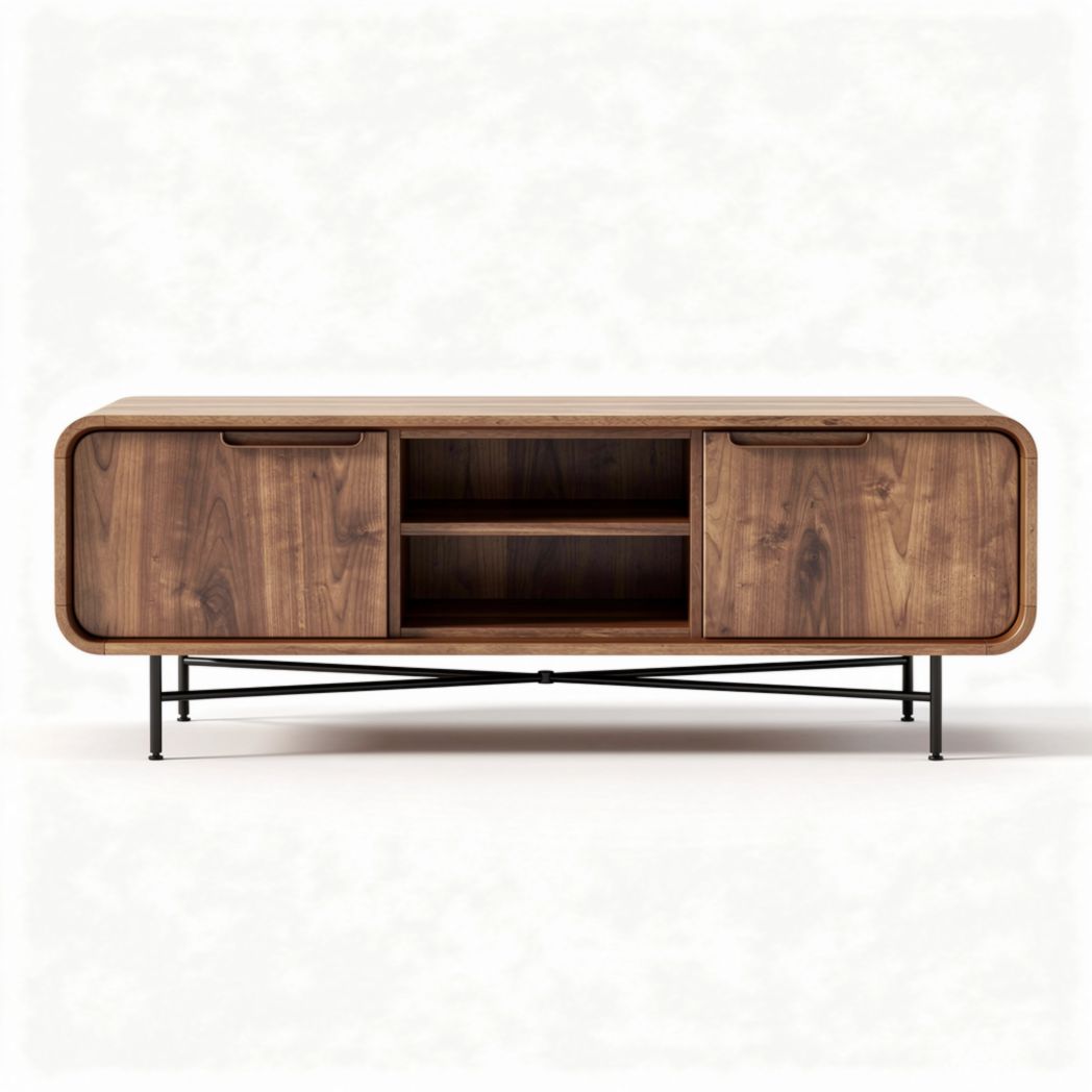 Wooden media console with two drawers and open shelving in walnut finish 120 x 40 x 50cm